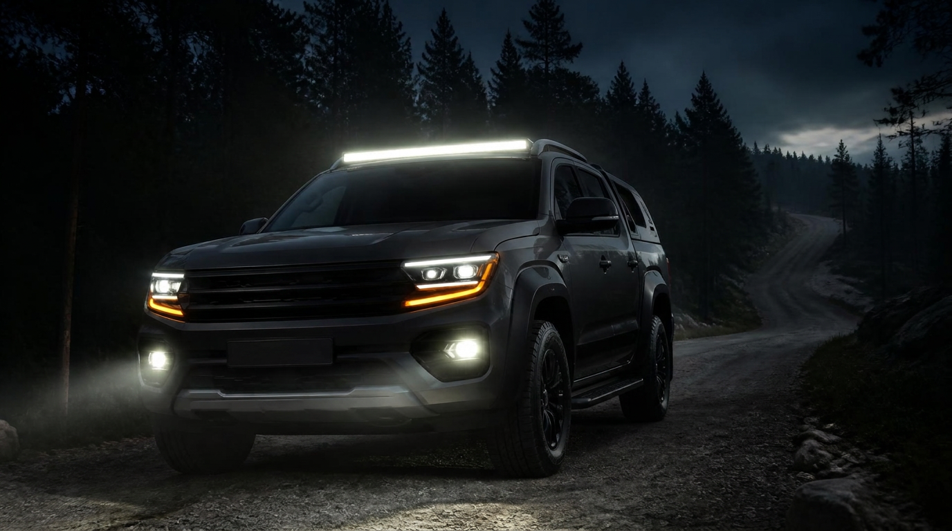 VW Amarok Panamericana 2026 med tända extraljus på skogsväg i mörker