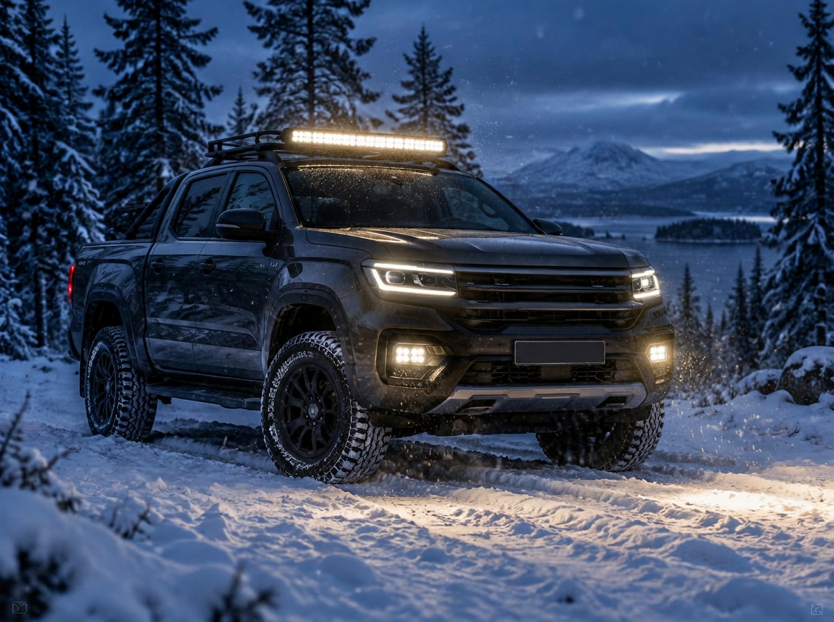 VW Amarok i vintervidda med arbetsbelysning och ljusramp tända